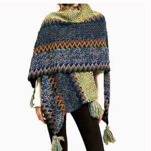Boho Aztec Tuntaquimba Artesanias Chunky Knit Chevron Tassel Poncho Cape